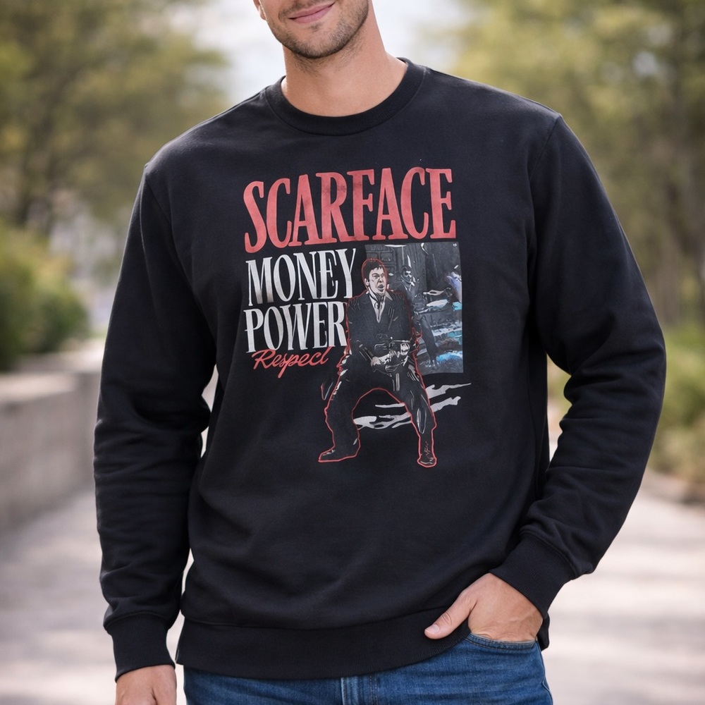 Scarface Money Power Respect graphic men’s Crewneck Sweatshirt size XL Black NWT